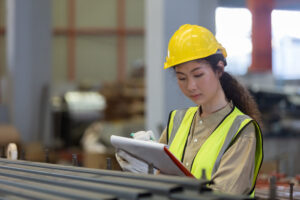 women engineer take notes on paperwork quality control standing at machine of factory warehouse.